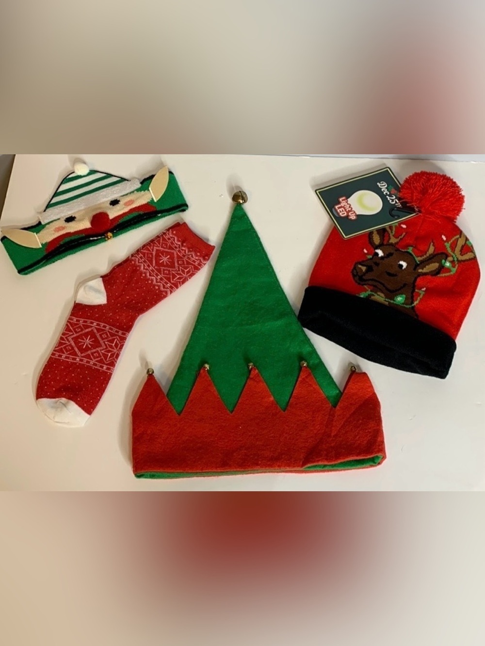 CHRISTMAS ELF HAT & HEADBAND, PAIR OF SOCKS & LED REINDEER STOCKING CAP